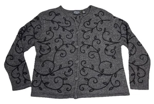 Rebecca Malone Petites PL Wool Cardigan Sweater Gray Embroidered Vine 100% Wool - Picture 1 of 6