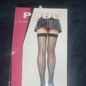Pudu Fishnet Thigh High Stay Ups - Black - One Size Fits Most - Picture 1 of 2