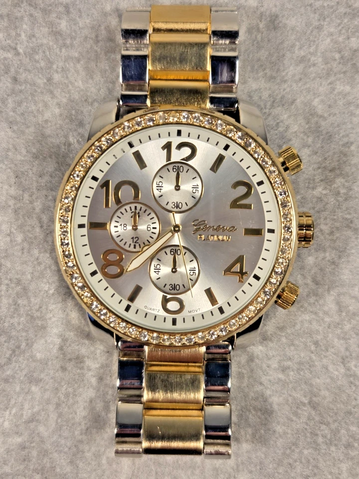 Reloj de platino Ginebra con bisel de lujo con bisel dorado/plateado y cristales de circonita helada para hombre Foto 1 de 4