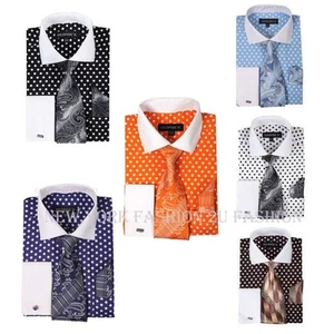 Men's George Fashion Polka Dot Design French Cuff Dress Shirt Set Style AH613 - Picture 1 of 9