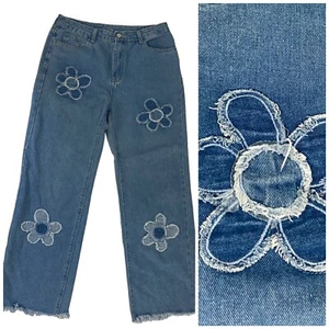 Pantalones de mezclilla para mujer talla grande Flower Power Boho playeros costeros festival dobladillo crudo - Imagen 1 de 10