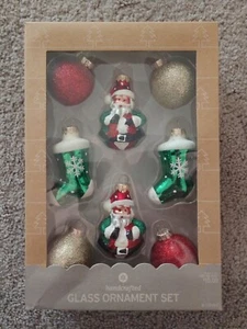 2014 Target Boxed Handcrafted Glass Ornament Set 8 Count Santa Stockings Balls - Picture 1 of 4