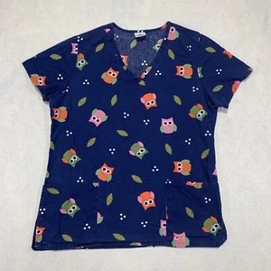 Owl Print Scrub Top Women's Small Blue Owls Allover Print Short Sleeve - Picture 1 of 12