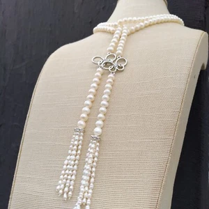 Classic Precious AAA + Natural Akoya White Pearl Pendant Necklace 36inch Tassel - Picture 1 of 5