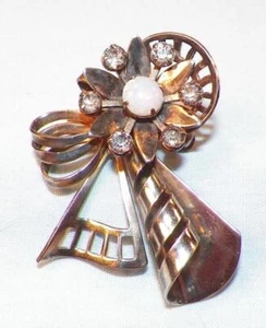 Retro Pin Opal Stone Gold Vermeil Silver Rhinestones Vintage Flower Bow - Picture 1 of 3