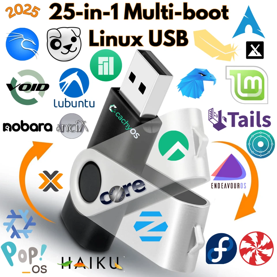 25 en 1 Multi-Boot Linux USB (64 GB, USB 3.0) - Ultimate 2025 Portable OS Toolkit Foto 1 de 4