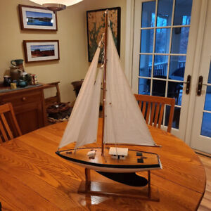 Vintage Wooden Model Sailboat With Stand