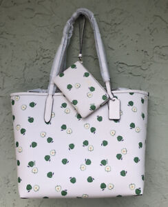 COACH C4119 City Tote With Apple Print Chalk Green and & Wristlet Set NWT!