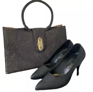 1960s Vintage Leather Matching Purse High Heels shoes 7.5 8 set Water Buffalo - Picture 1 of 12