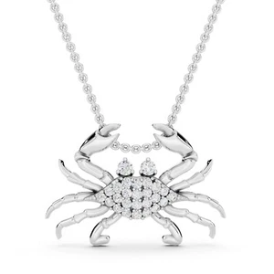 Crab Charm Pendant Necklace 0.13ct Real Moissanite 14k White Gold Plated 925 - Picture 1 of 5