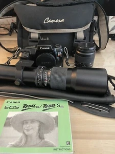 Excellent Canon EOS Rebel SII Film 500mm AND 35-80mm Lens Caps Strap Battery Bag - Picture 1 of 14
