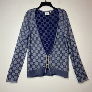 Anthropologie HWR Silk Blend Deep V Cardigan Sweater Womens Sz M Blue Checkered - Picture 1 of 10
