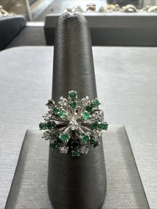 Custom 14k White Gold Cluster Cocktail Diamond Emerald Starburst Floral Ring Sz6 - Picture 1 of 4