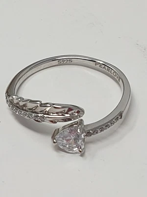S925 Silver Feather Adjustable Ring Size N with clear rhinestone Pearlove - Image 1 of 4