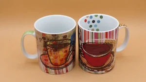 Pair of Konitz German Porcelain Coffee Cups Mugs Cafe Late, Graphic Art - Picture 1 of 3