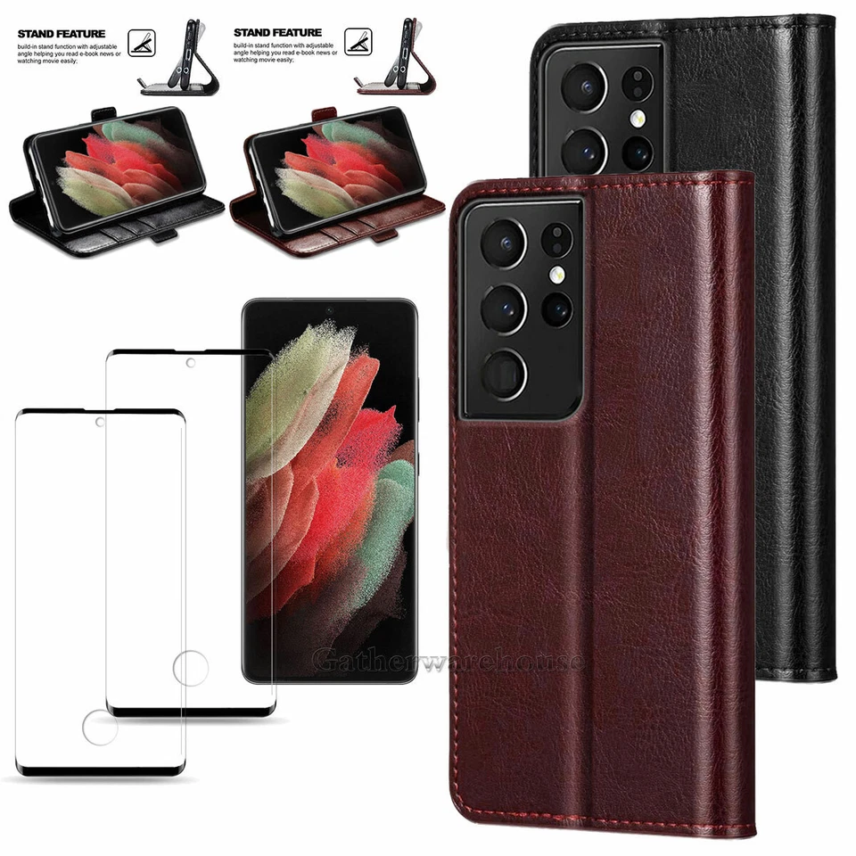 For Samsung Galaxy S21 Ultra/Plus/FE S22 PU Leather Case Cover / Tempered Glass - Image 1 of 4