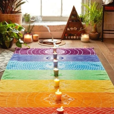 Rainbow Chakra Mandala Cotton Blanket /Sofa Throw /Single Bedspread 150x70cm UK - Image 1 of 4