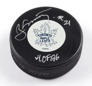 Borje Salming Signed Maple Leafs Logo Hockey Puck Inscribed HOF 96 (PSA COA) - A - Picture 1 of 2