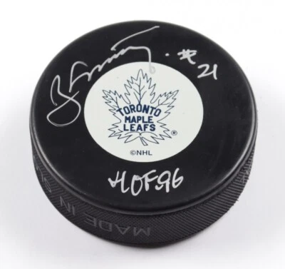 Borje Salming Signed Maple Leafs Logo Hockey Puck Inscribed HOF 96 (PSA COA) - A - Image 1 of 2