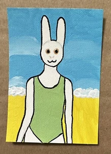 Original ACEO Art Card - Rabbit In Swimsuit - 2.5 in x 3.5 in Acrylic Painting - Picture 1 of 2