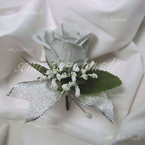 Silver~Rose Bud~Open Rose Boutonniere~corsage~Wedding~Prom~Quinceanera