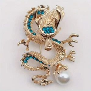 Gold Tone Dragon Brooch with Teal Crystals and Imitation Pearl - Picture 1 of 2