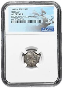 COLONIAL ERA SPAIN. Philip IV, 1621-1665. 4 Maravedis, 1662-M, NGC AU Details - Picture 1 of 2