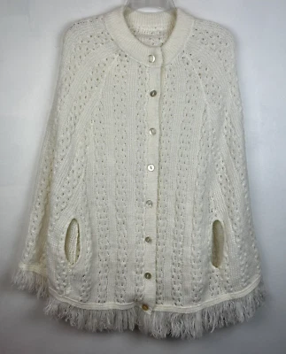 Vtg Shawl Poncho Sweater Off White Fringe Cardigan Hippie 70's Retro One Size - Image 1 of 4