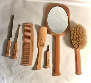 Vintage Zelluloid 7-teiliges Waschtischset mit Blumenmuster - Bild 1 von 2