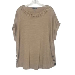 Cable & Gauge Womens Knit Top Button Detail Crochet Neck Tan Size 2X New - Picture 1 of 11