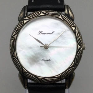 Vintage Lucoral Watch Women 35mm Silver Tone MOP Dial Leather Band New Battery - Picture 1 of 16