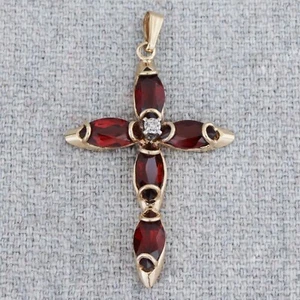 Vtg 14K Yellow Gold Marquise Garnet Diamond Crucifix Cross Necklace Pendant 1½” - Picture 1 of 6