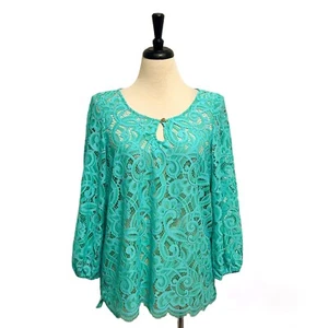 Lilly Pulitzer Poppy Sheer Lace Keyhole Scoop Neck 3/4 Sleeve Lagoon Green Top - Picture 1 of 9