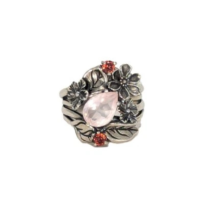 Anillo Plata Esterlina Cuarzo Rosa Israel Floral con Granate Talla 6.5 PAZ Creations Foto 1 de 4