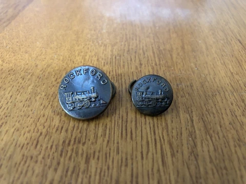 VTG LOT OF 2 ROCKFORD TRAIN LOCOMOTIVE RAILROAD METAL BUTTONS JEANS OVERALLS Cover