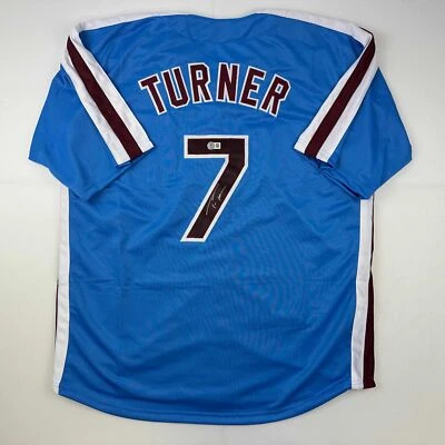 Autographed/Signed Trea Turner Philadelphia Blue Retro Jersey Beckett BAS COA - Image 1 of 4