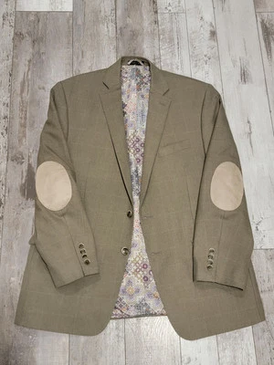 44R Men's Van Heusesn Studio Blazer Beige Tan Windowpane Elbow Pad Sport Coat - Image 1 of 4