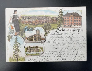 Litho-Postkarte - Gruss aus Schwenningen - Turnhalle, Neckarquelle - 1906 - Bild 1 von 2
