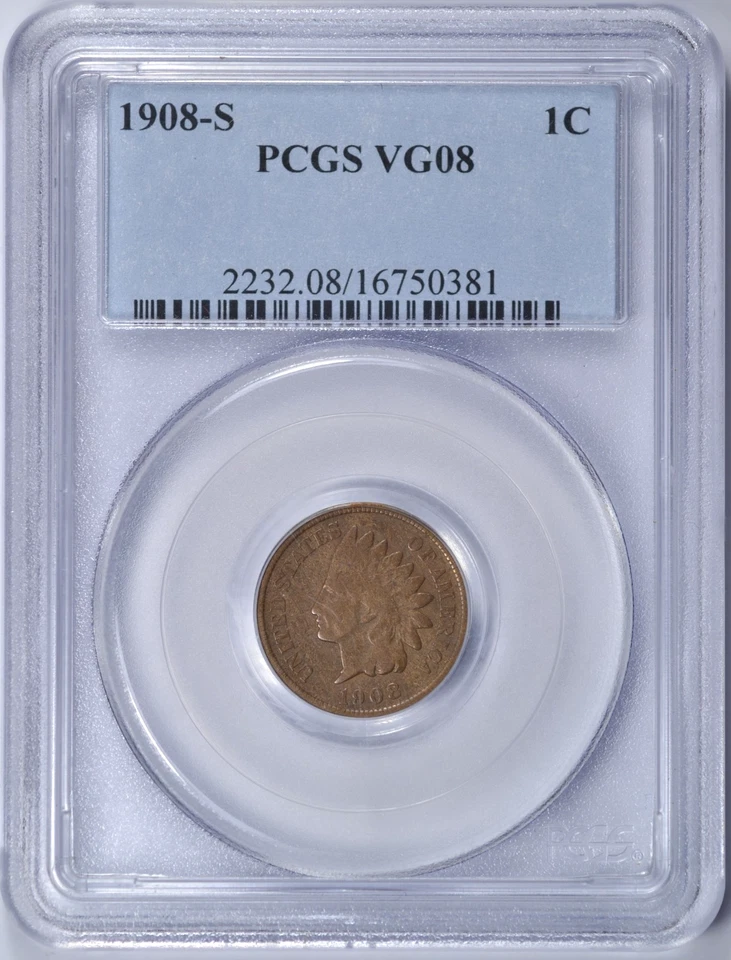 1908-S INDIAN HEAD CENT PCGS VG8 KEY DATE - Image 1 of 3