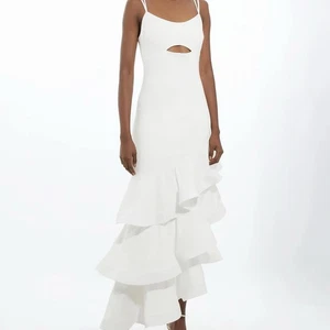 Karen Millen Maxikleid Baumwolle Ponte Jersey Rüschensaum Größe Small Damen weiß - Bild 1 von 4