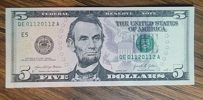 TRUE TRINARY SUPER REPEATER  $5 Five Dollar Bill 0112 0112  Almost uncirculated - Image 1 of 4