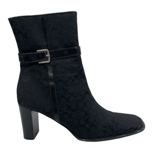 Coach Women's Ankle Boots Gretal Signature Heels Square Toe Silver Buckle Sz 6.5 - Picture 1 of 11