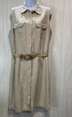 Vestido Safari Rafaella Vintage Años 90 Para Mujer 10 Caqui Lino Algodón Cinturón Sin Mangas Foto 1 de 4