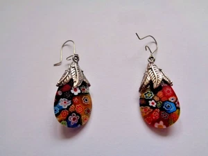 Silver Drop Earrings MILLEFIORI Glass Droplets 33mm Vintage Weight 9.6grams Used - Picture 1 of 17