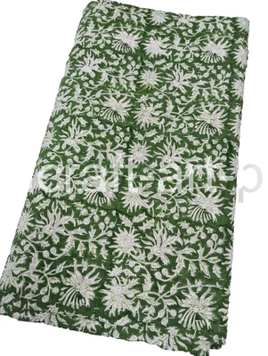 Green Floral Printed Kantha Quilt Boho Bedding Indian Quilt Handmade Blanket New - Image 1 of 4