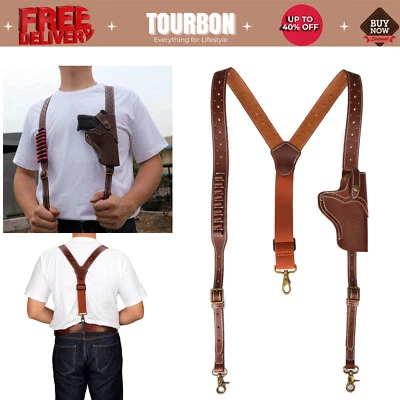 Tourbon Leather Men Suspender Pistol Holster Y-Shaped Concealed Vest Ammo Carry - Image 1 of 4