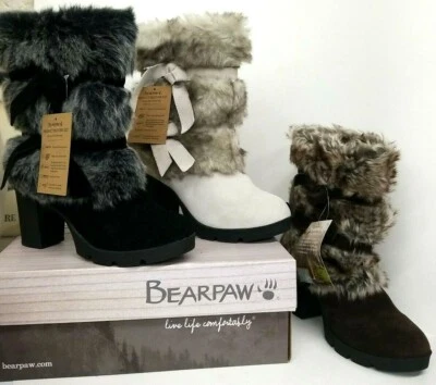 BEARPAW Womens Platform Boots Bridget Heels Suede Faux Fur Winter White or Black - Image 1 of 4