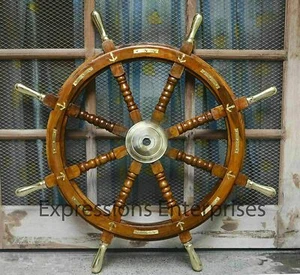 Rueda de barco de madera de 36" con asas de latón, ancla de latón capitanes rueda decoración pared - Imagen 1 de 4