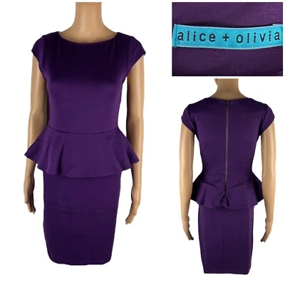 Alice Olivia Womens 4 Dress Cap Sleeves Sheath Knee Length Peplum Purple Casual - Image 1 of 4