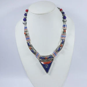 Authentic Lapis Lazuli Coral Beaded Tribal Boho Jewelry Vintage Necklace 20" N22 - Imagen 1 de 7